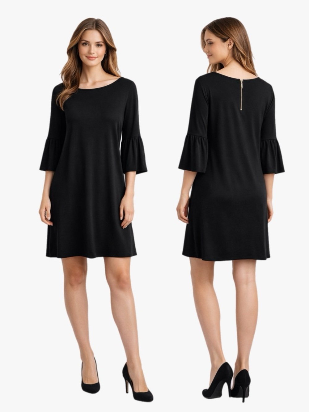 WHBM Black Bell Sleeve Dress Gold Zipper Detail on Back Womens Size Large